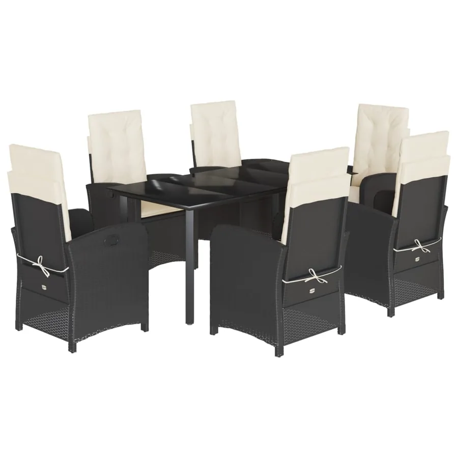 Ensemble à manger de jardin coussins 7pcs Noir Résine tressée