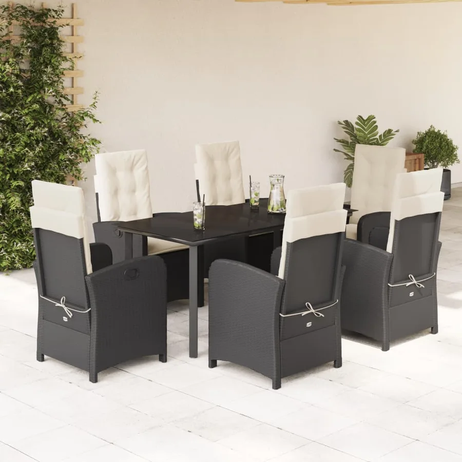 Ensemble à manger de jardin coussins 7pcs Noir Résine tressée - 2