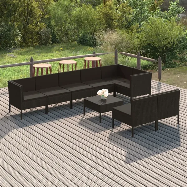 Salon de jardin 9 pcs avec coussins Résine tressée Noir