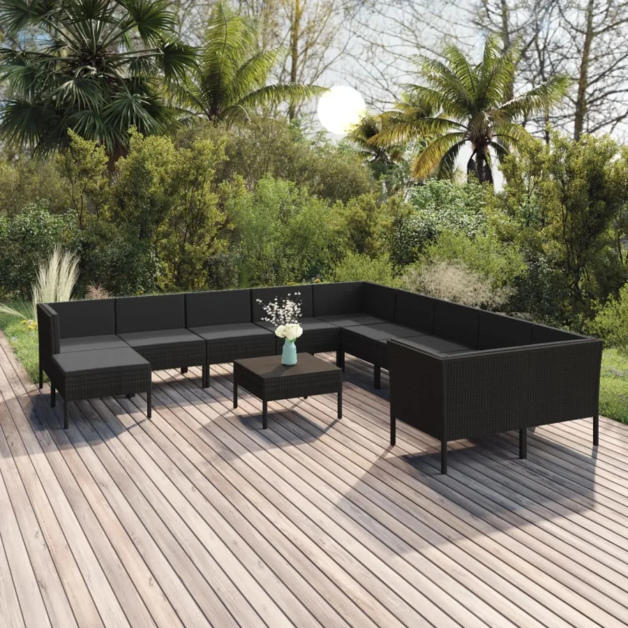 Salon de jardin 12 pcs avec coussins résine tressée noir