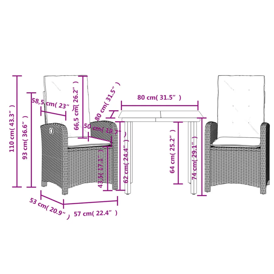 Ensemble à manger de jardin 3pcs coussins gris clair poly rotin - 9