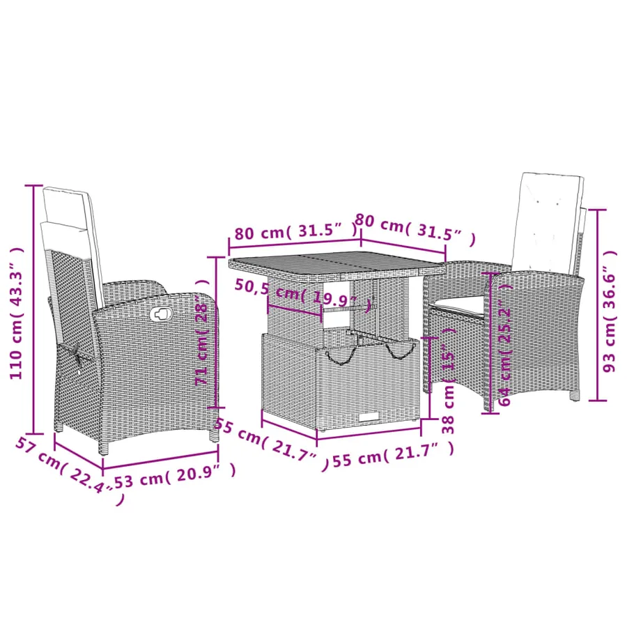 Ensemble à manger de jardin avec coussins 3 pcs Noir - 8