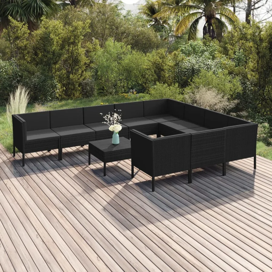 Salon de jardin 11 pcs avec coussins Résine tressée Noir