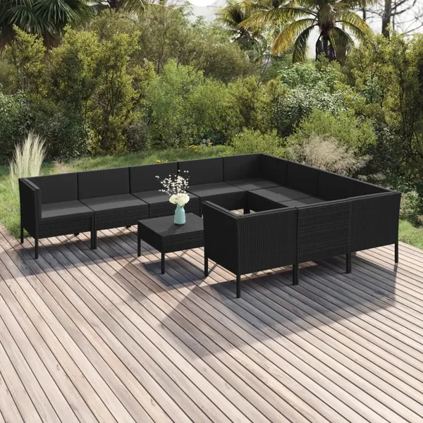 Salon de jardin 11 pcs avec coussins Résine tressée Noir