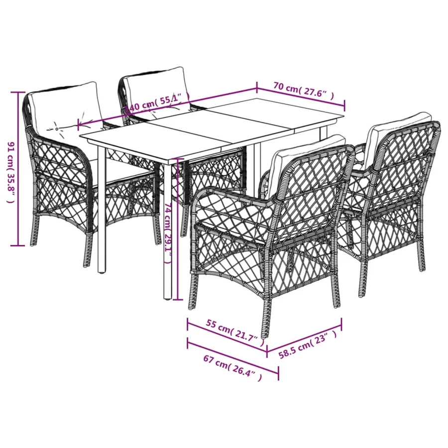 Ensemble à manger de jardin 5 pcs et coussins marron poly rotin - 7