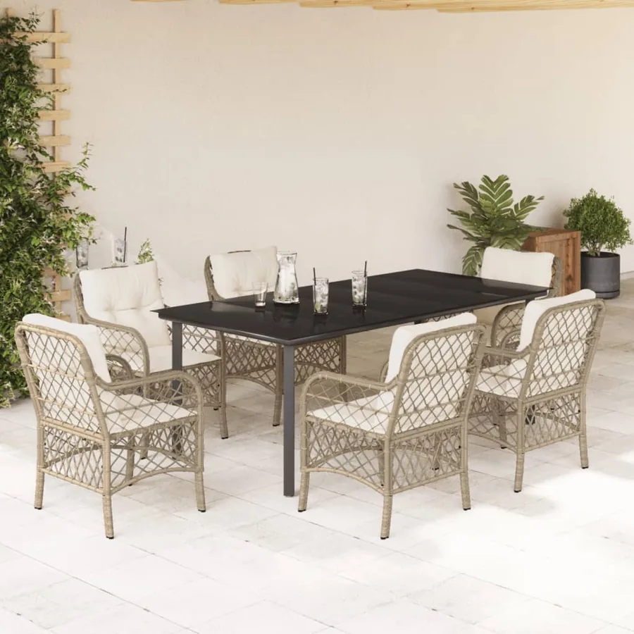 Ensemble à manger de jardin et coussins 7 pcs beige poly rotin