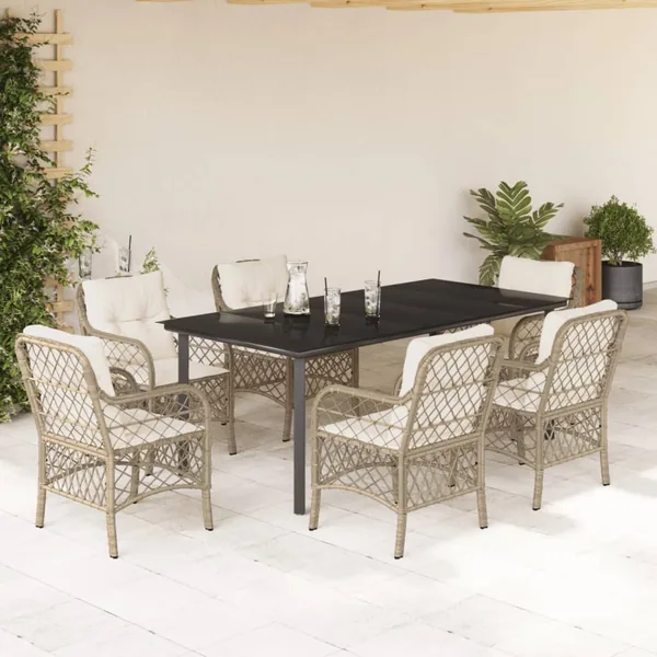 Ensemble à manger de jardin et coussins 7 pcs beige poly rotin