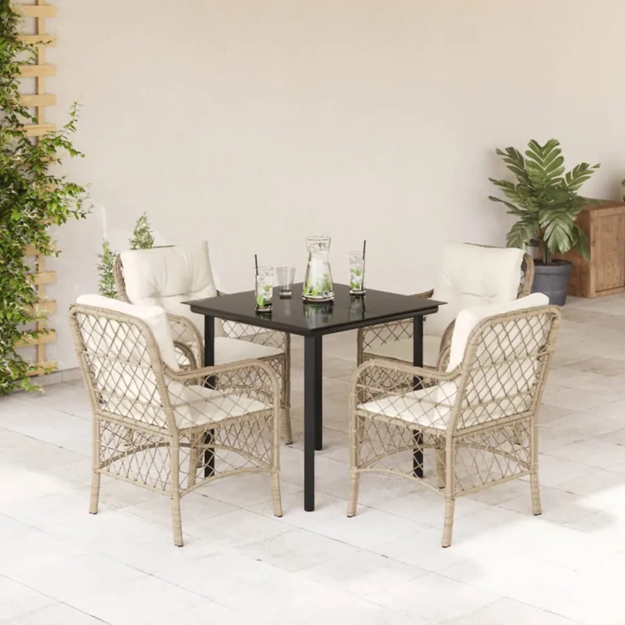 Ensemble à manger de jardin avec coussins 5pcs Beige poly rotin