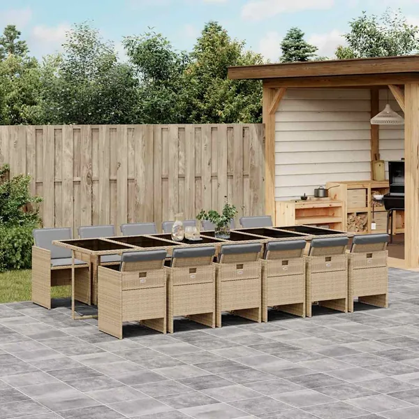 Ensemble à manger de jardin coussins 13 pcs mélange beige rotin