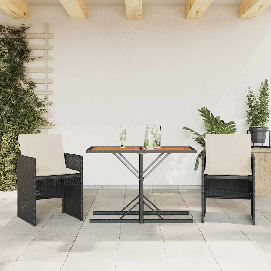 Ensemble de bistro 3 pcs avec coussins noir résine tressée