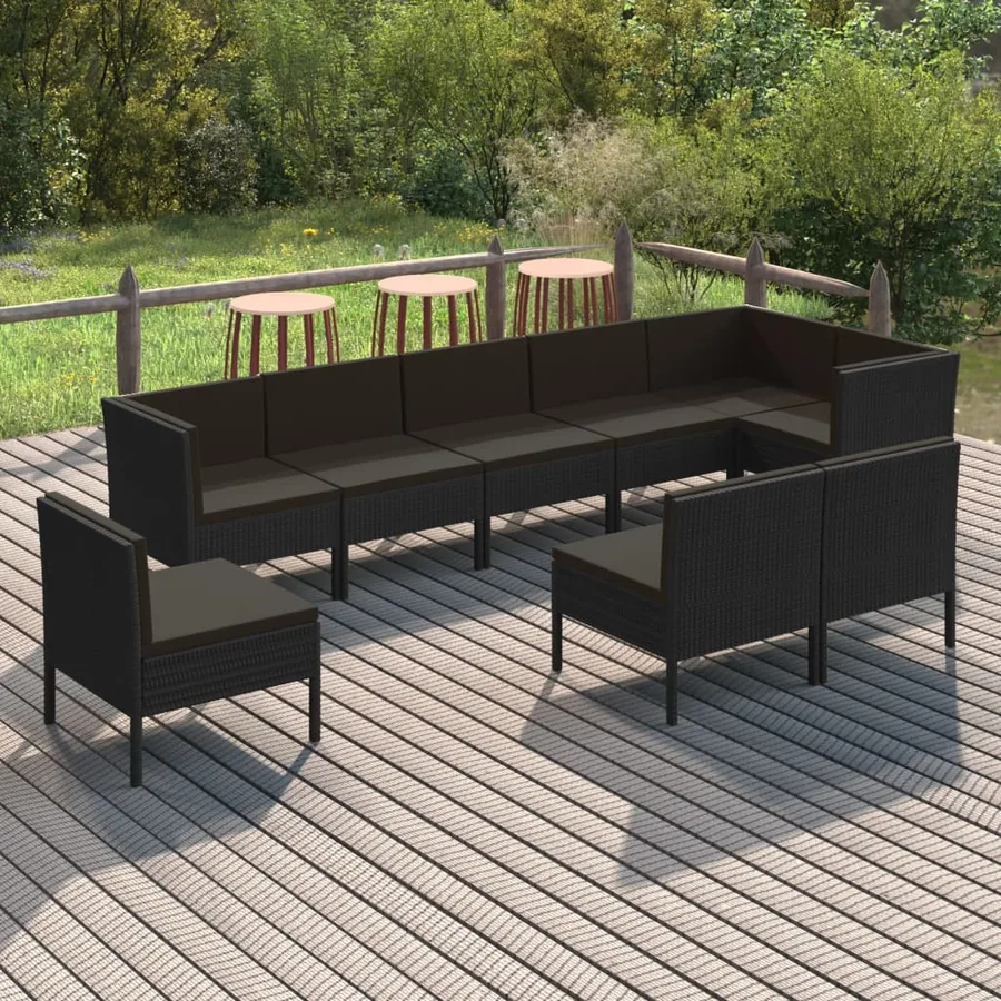 Salon de jardin 9 pcs avec coussins Résine tressée Noir