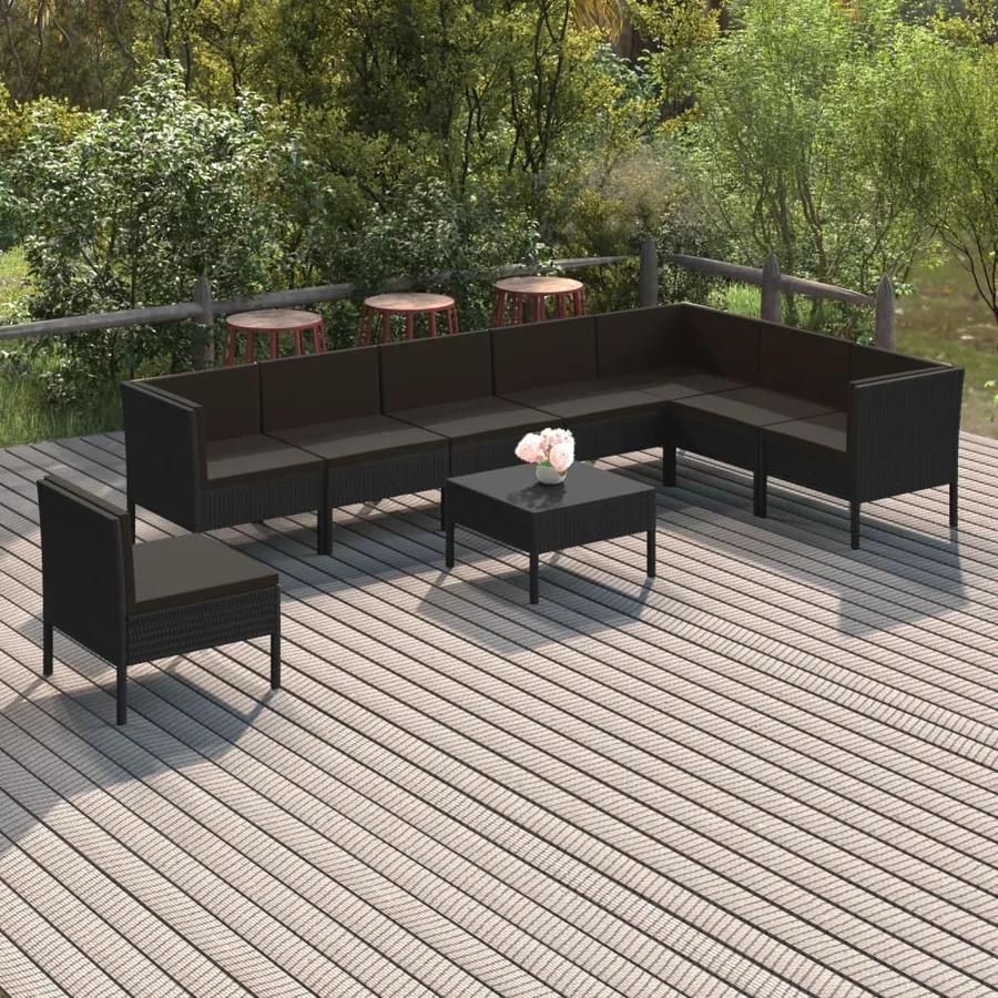 Salon de jardin 9 pcs avec coussins Résine tressée Noir
