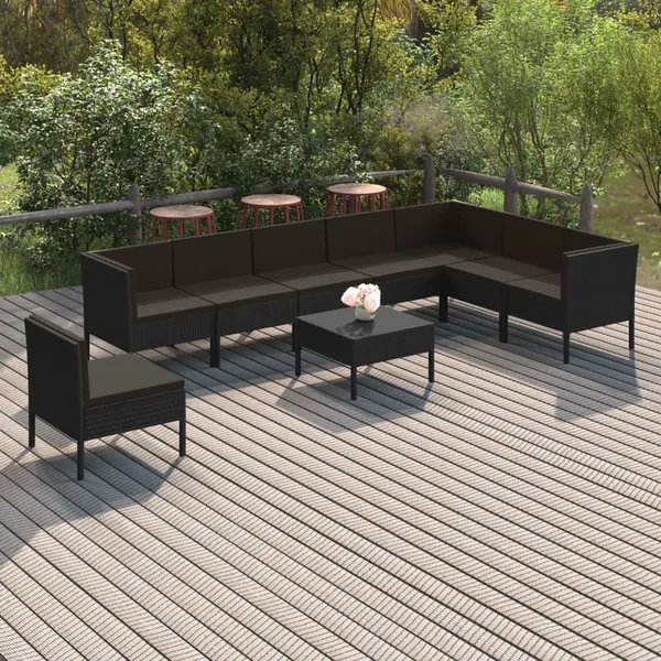 Salon de jardin 9 pcs avec coussins Résine tressée Noir