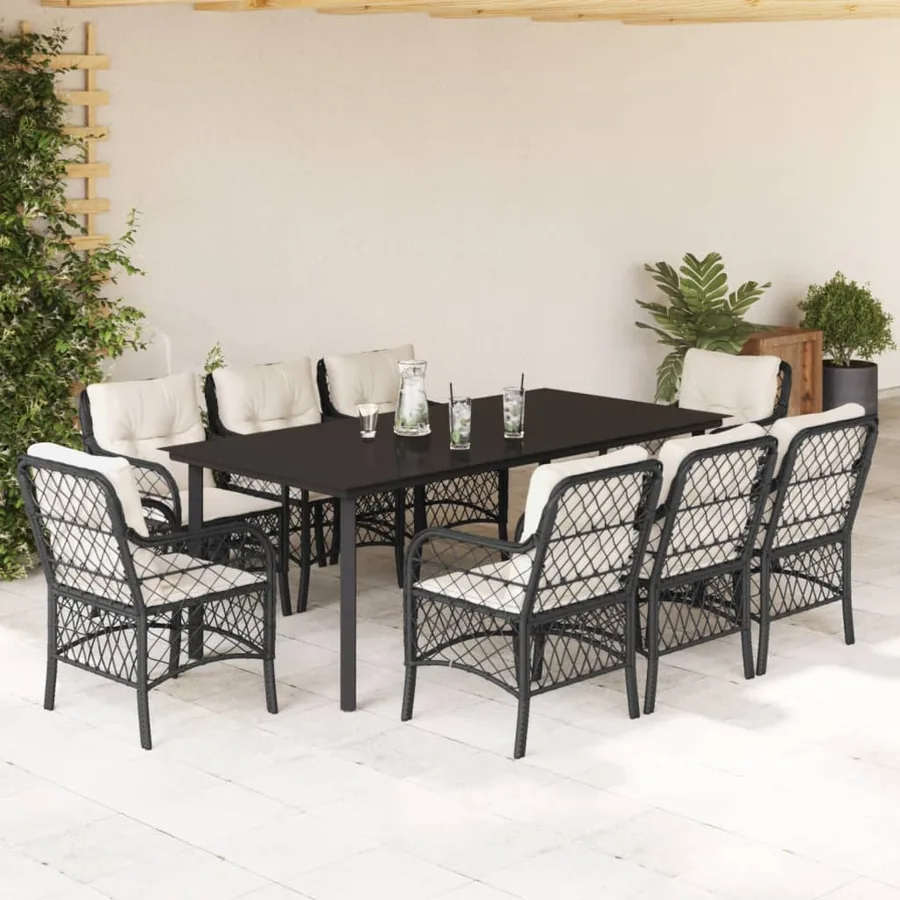 Ensemble à manger de jardin 9pcs coussins noir résine tressée