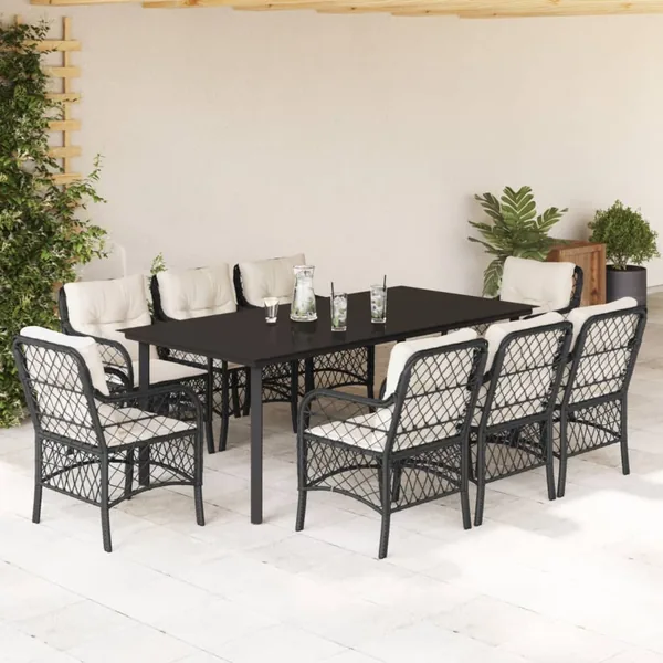 Ensemble à manger de jardin 9pcs coussins noir résine tressée