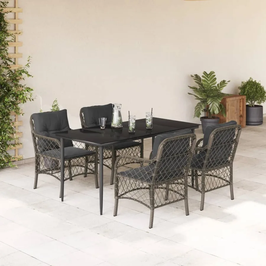 Ensemble à manger de jardin 5 pcs coussins gris résine tressée