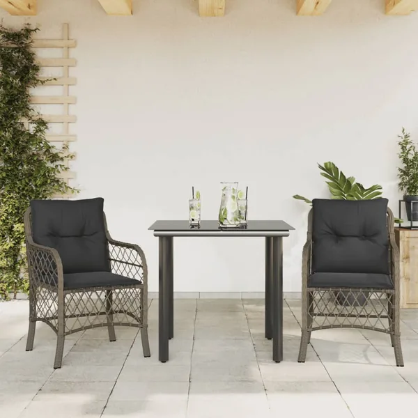 Ensemble de bistro 3 pcs avec coussins gris résine tressée