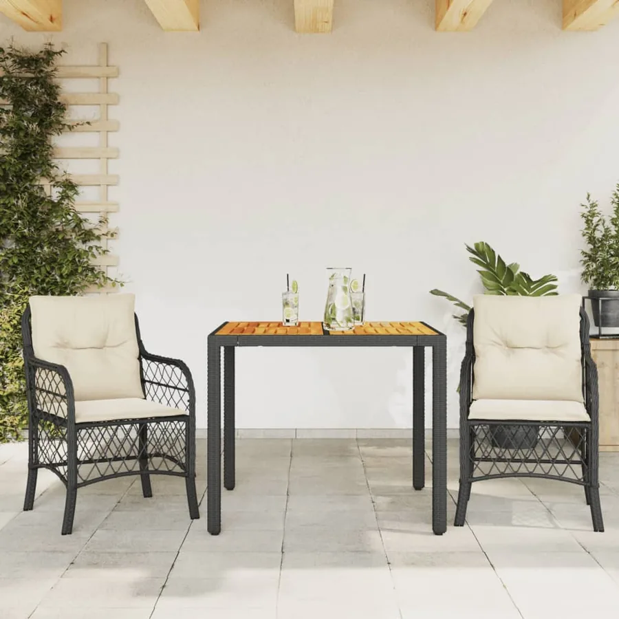 Ensemble de bistro 3 pcs avec coussins noir résine tressée