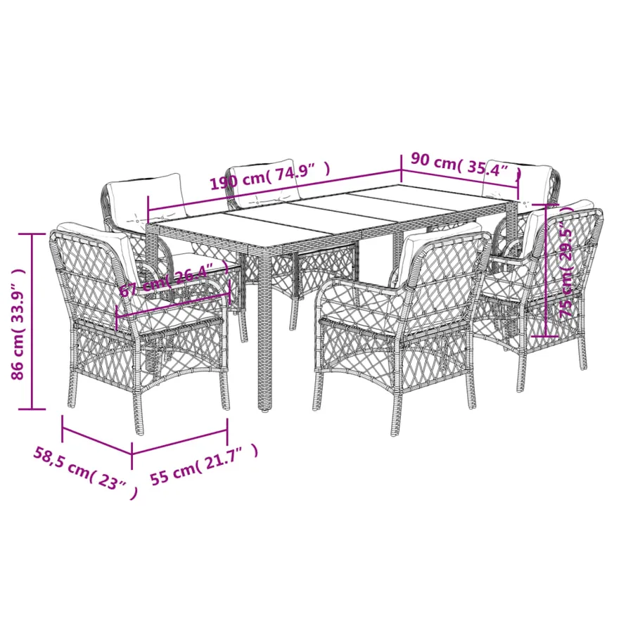 Ensemble à manger de jardin et coussins 7 pcs gris rotin - 7