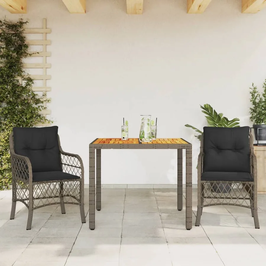 Ensemble de bistro 3 pcs avec coussins gris résine tressée