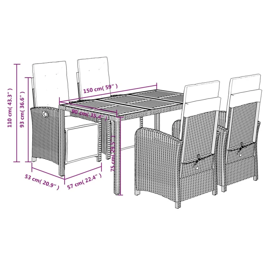 Ensemble à manger de jardin coussins 5pcs Noir Résine tressée - 9
