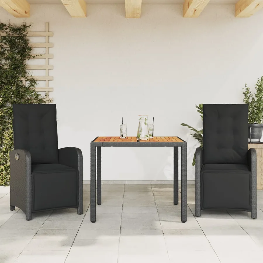 Ensemble de bistro 3 pcs avec coussins noir résine tressée