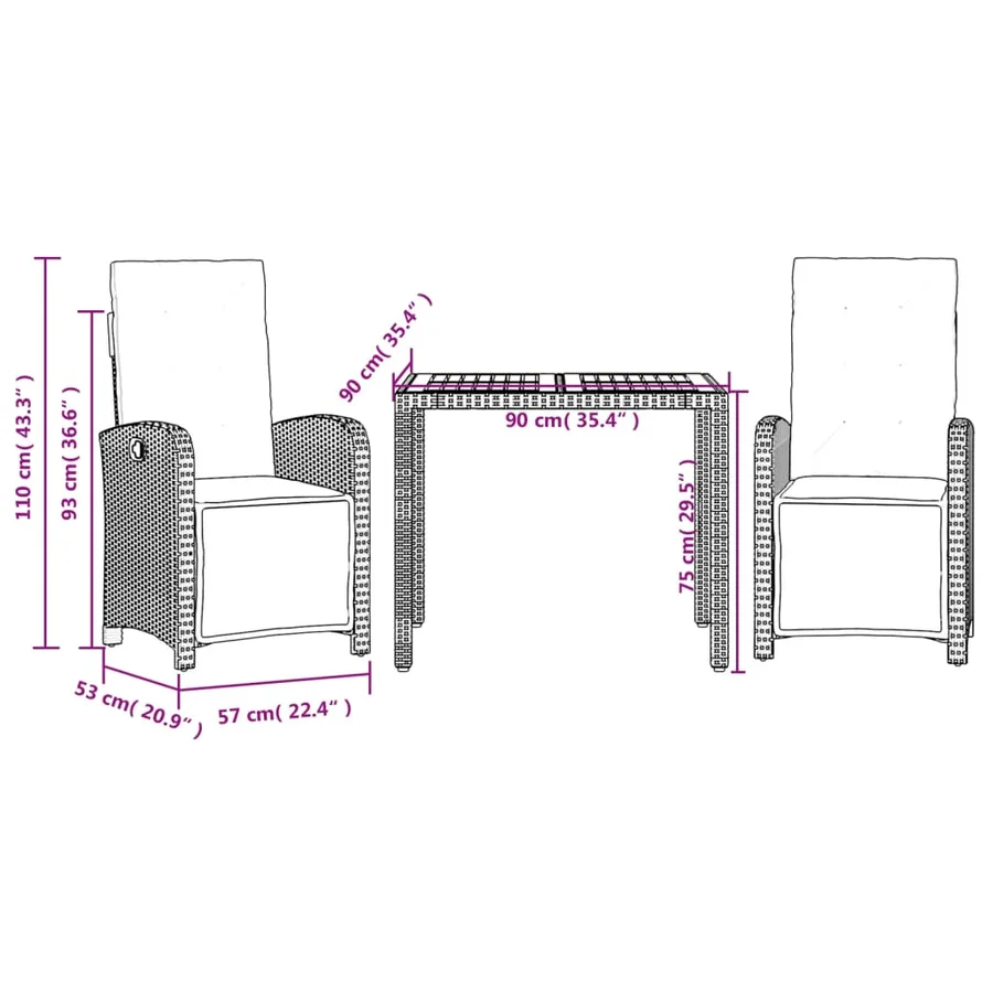 Ensemble de bistro 3 pcs avec coussins noir résine tressée - 9