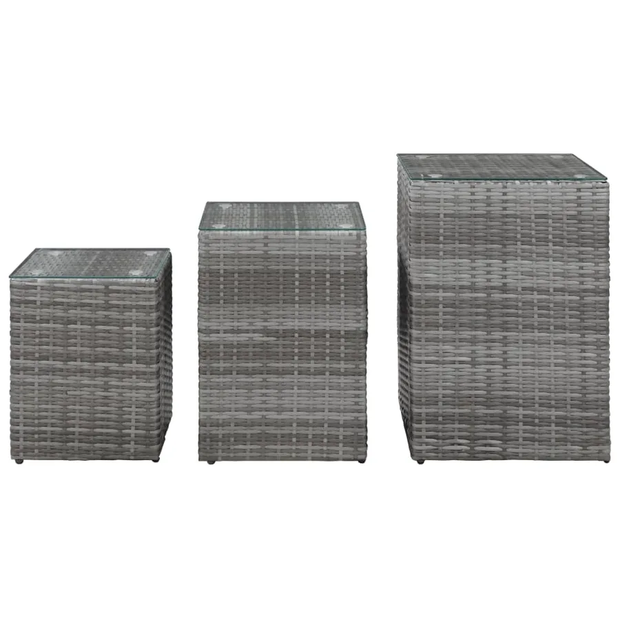 Tables d'appoint 3 pcs et dessus en verre Gris Résine tressée - 2