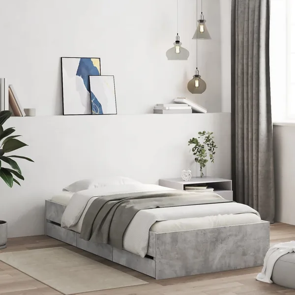 Cadre de lit avec tiroirs sans matelas gris béton 90x190 cm