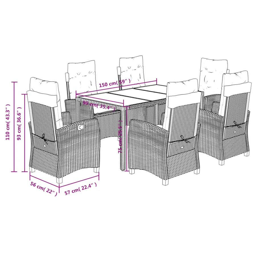 Ensemble à manger de jardin coussins 7pcs Noir Résine tressée - 12