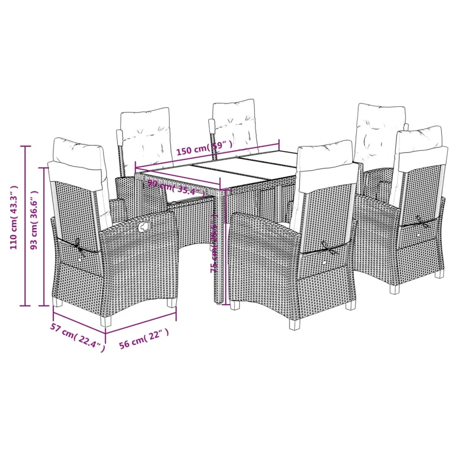 Ensemble à manger de jardin et coussins 7 pcs gris rotin - 12