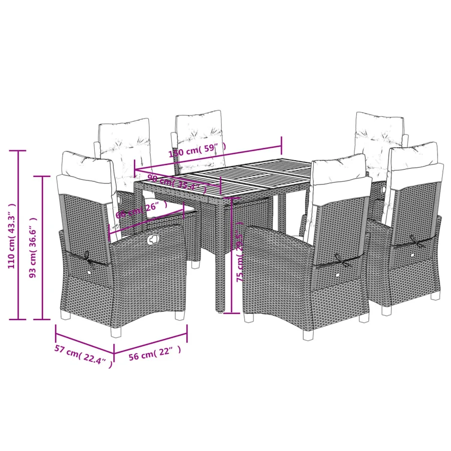 Ensemble à manger de jardin et coussins 7 pcs gris rotin - 9