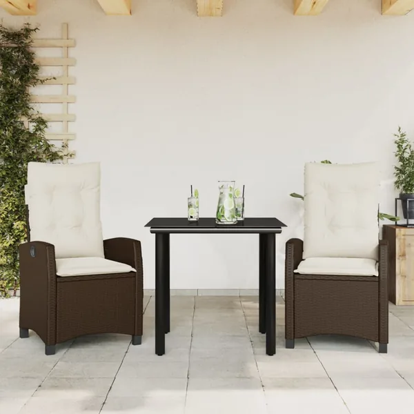 Ensemble à manger de jardin 3 pcs et coussins marron poly rotin
