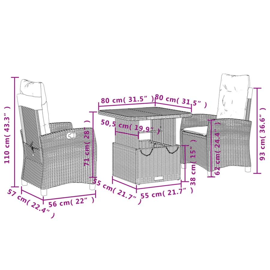 Ensemble à manger de jardin et coussins 3 pcs Beige poly rotin - 8