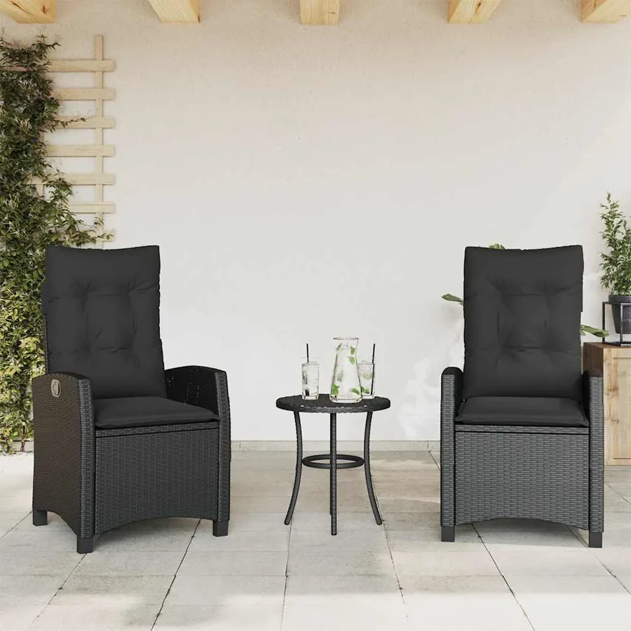 Chaises inclinables de jardin lot de 2 et coussins noir rotin