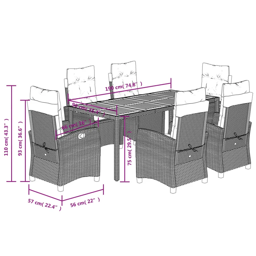 Ensemble à manger de jardin et coussins 7 pcs gris rotin - 9