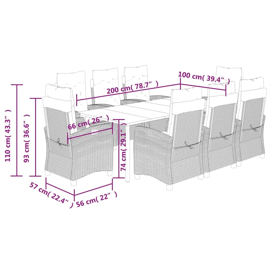 Ensemble à manger de jardin et coussins 9 pcs gris clair rotin - 9