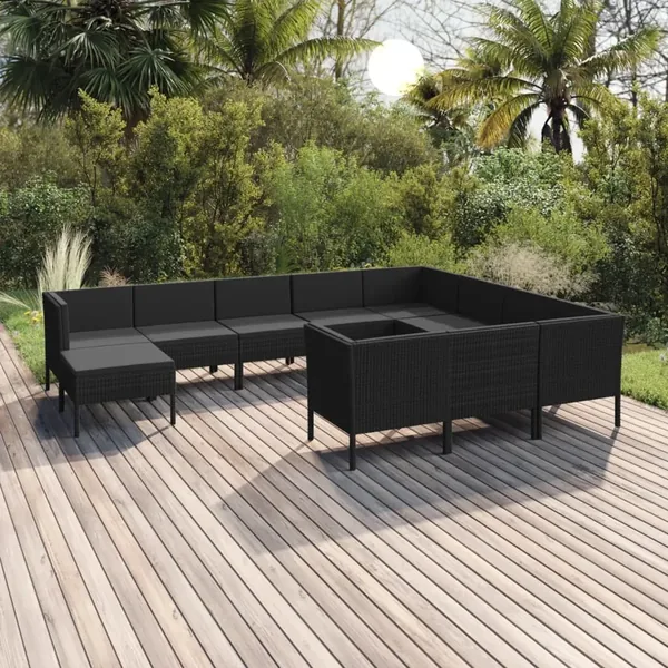 Salon de jardin 11 pcs avec coussins Résine tressée Noir