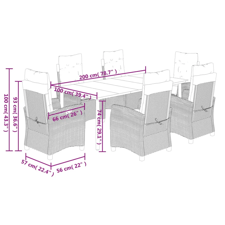 Ensemble à manger de jardin et coussins 7 pcs marron rotin - 9
