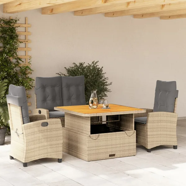 Ensemble à manger de jardin coussins 4 pcs beige résine tressée