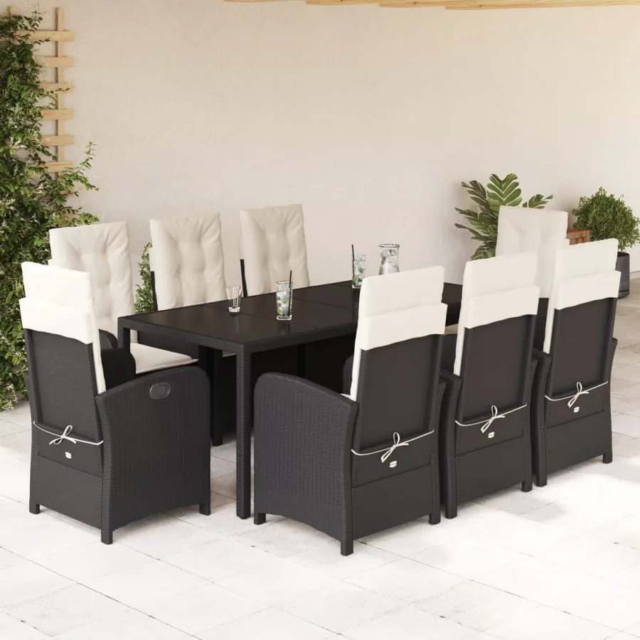 Ensemble à manger de jardin 9pcs coussins noir résine tressée