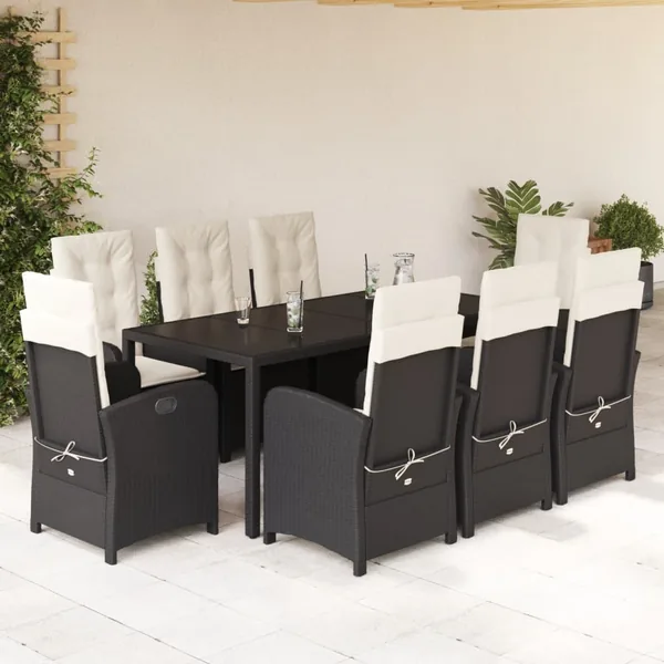 Ensemble à manger de jardin 9pcs coussins noir résine tressée