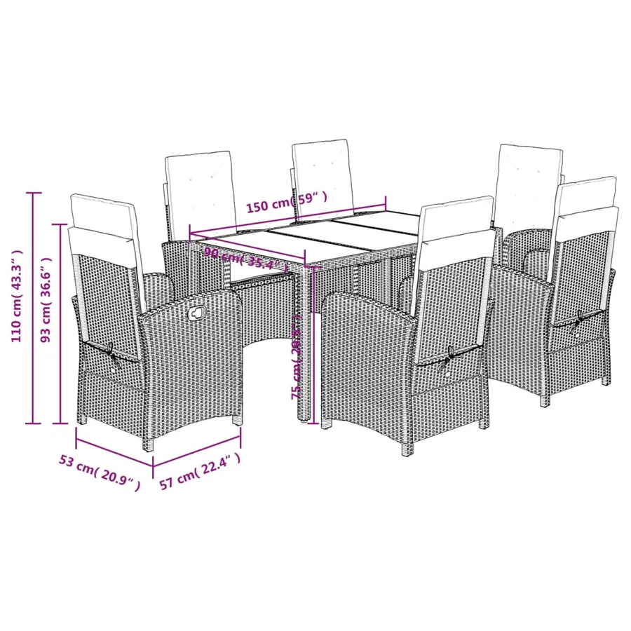 Ensemble à manger de jardin coussins 7pcs Noir Résine tressée - 12