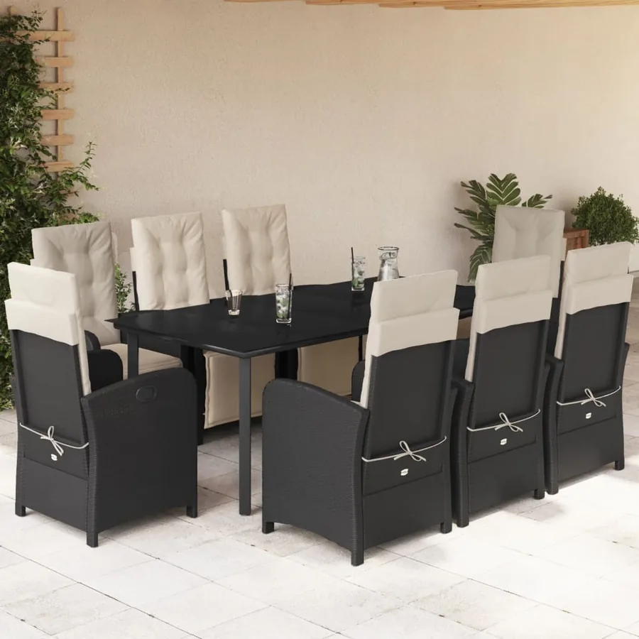 Ensemble à manger de jardin 9pcs coussins noir résine tressée