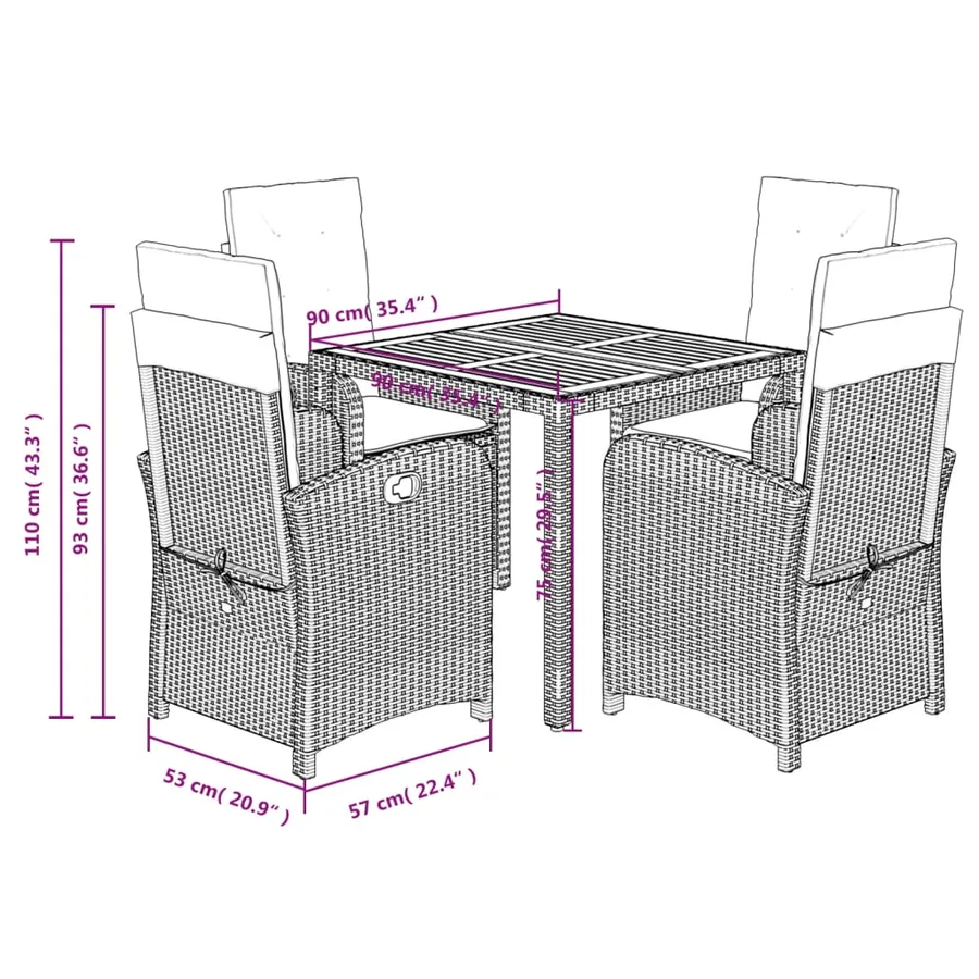Ensemble à manger de jardin coussins 5pcs Noir Résine tressée - 12