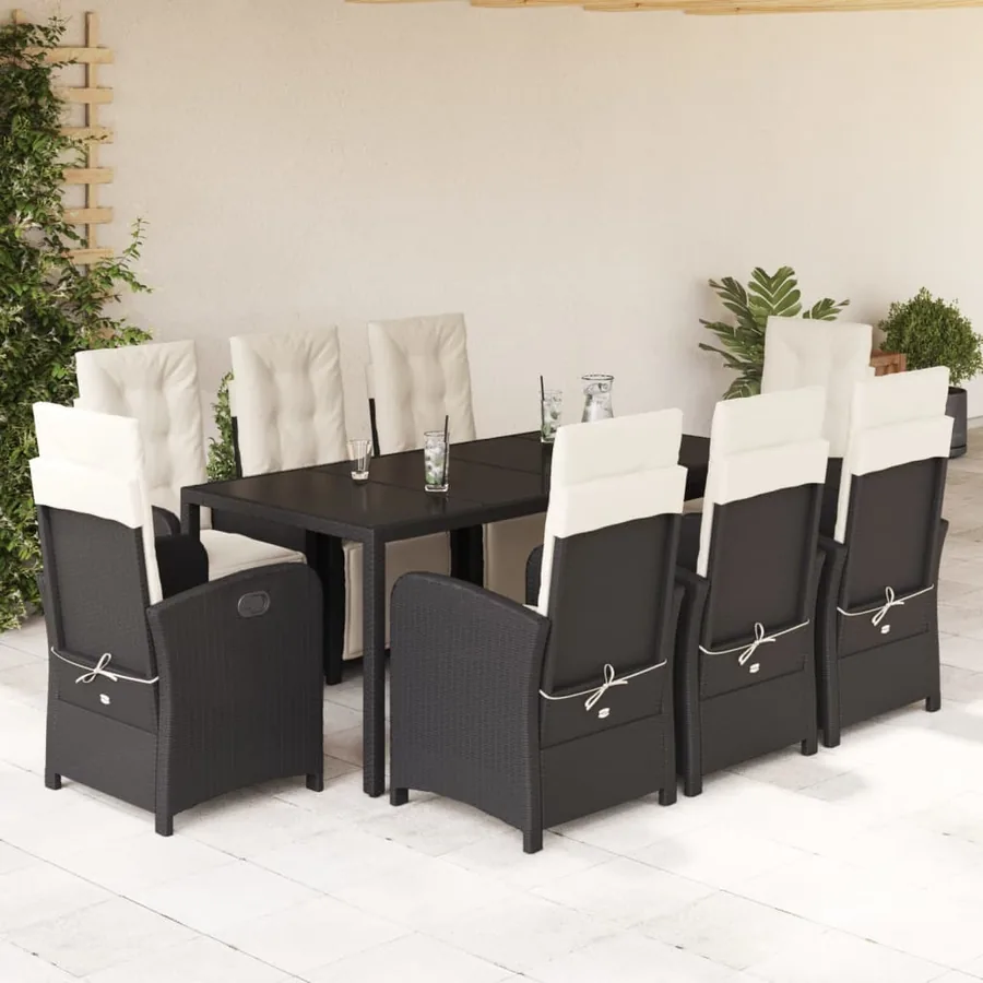 Ensemble à manger de jardin 9pcs coussins noir résine tressée