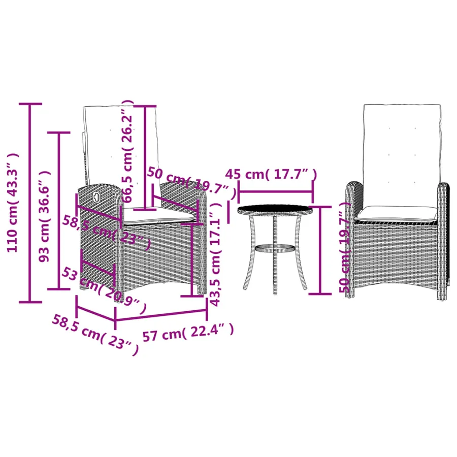 Ensemble de bistro 3 pcs avec coussins gris résine tressée - 15