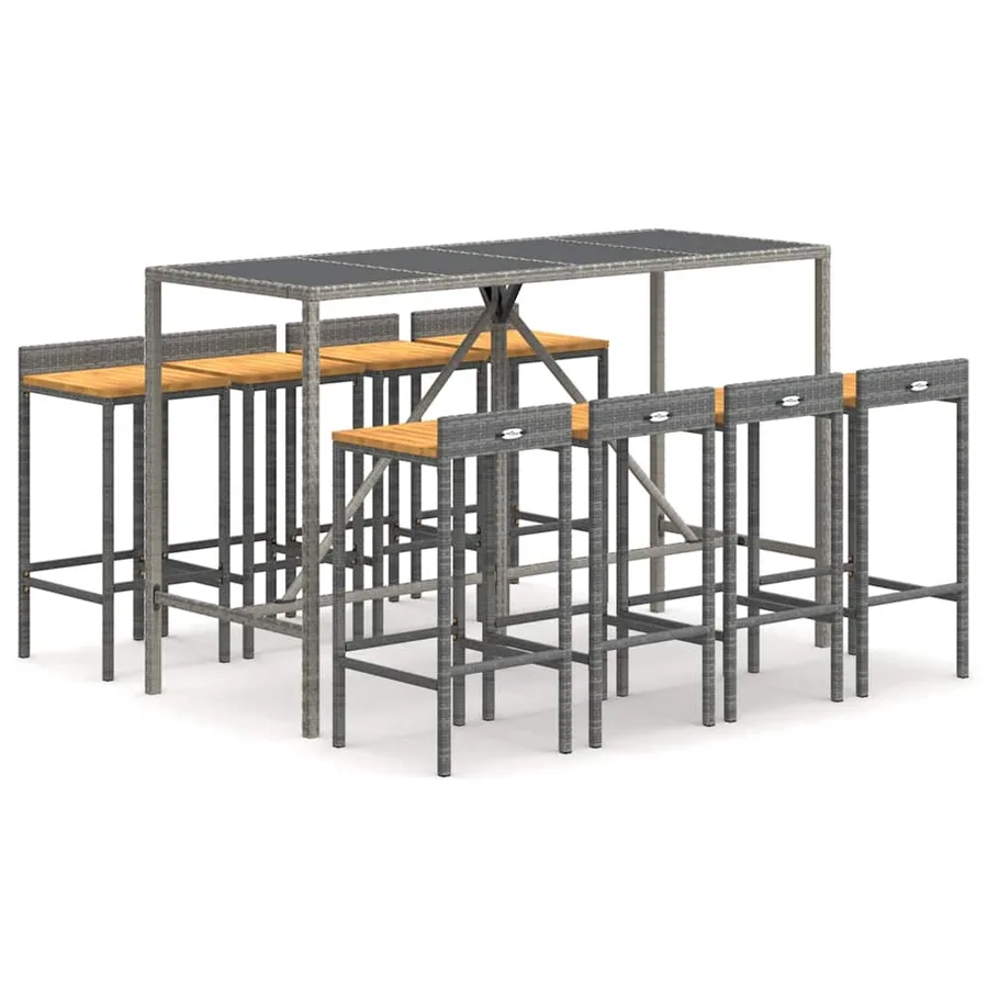 Ensemble de bar jardin 9 pcs gris poly rotin/bois massif acacia - 2