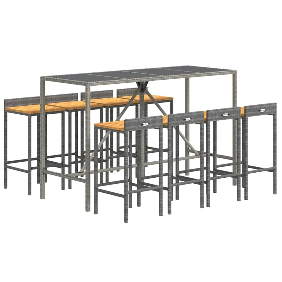 Ensemble de bar jardin 9 pcs gris poly rotin/bois massif acacia - 3