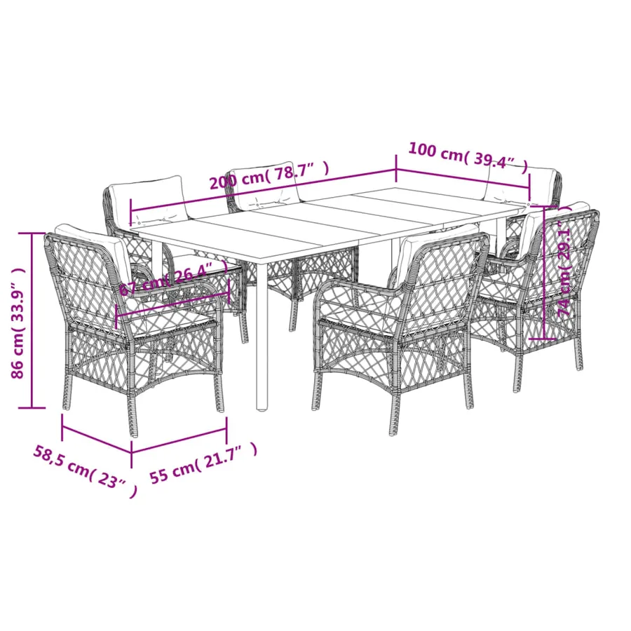 Ensemble à manger de jardin et coussins 7 pcs gris clair rotin - 7